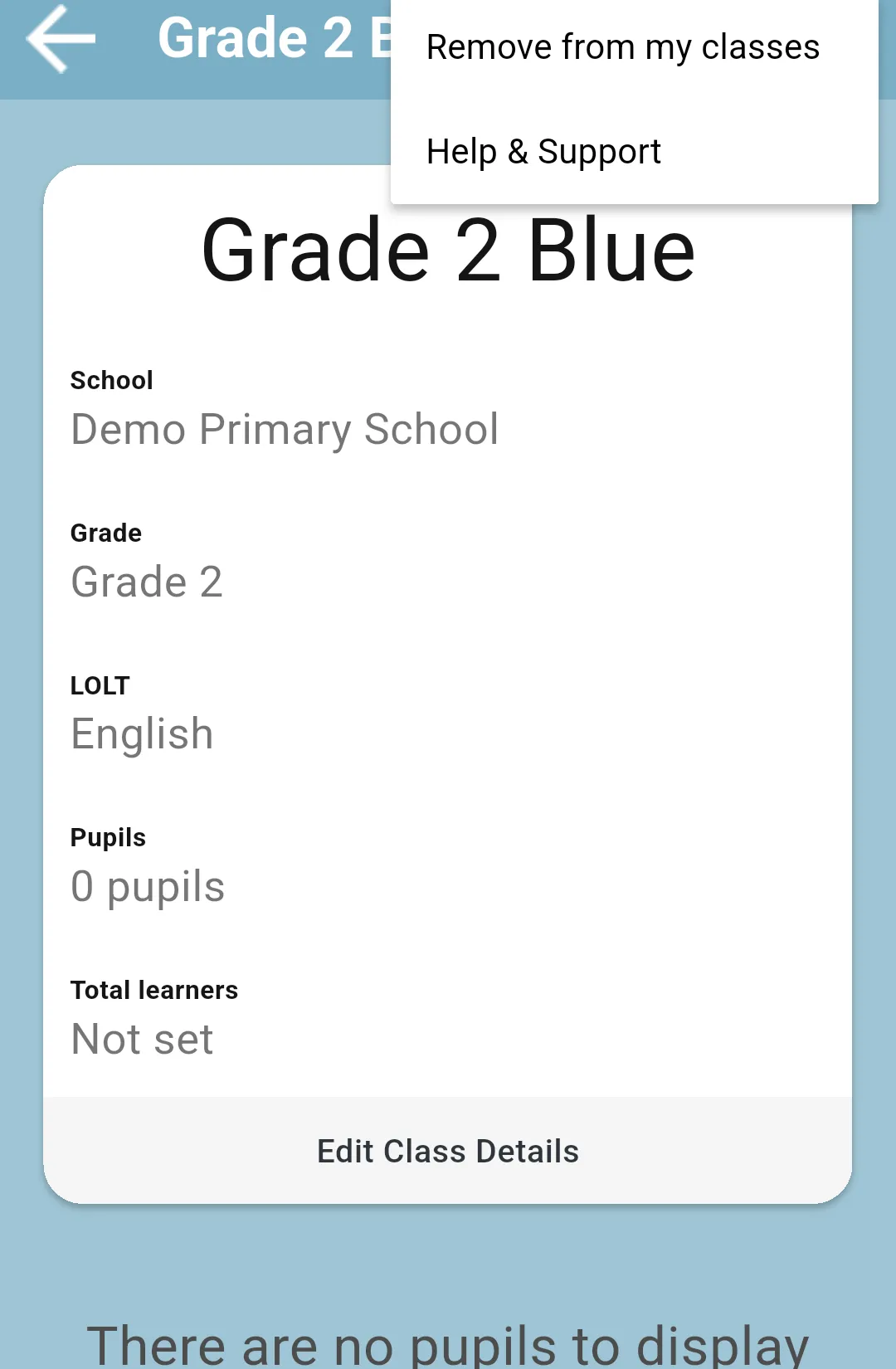 Class menu with Remove from my classes and Help & Support