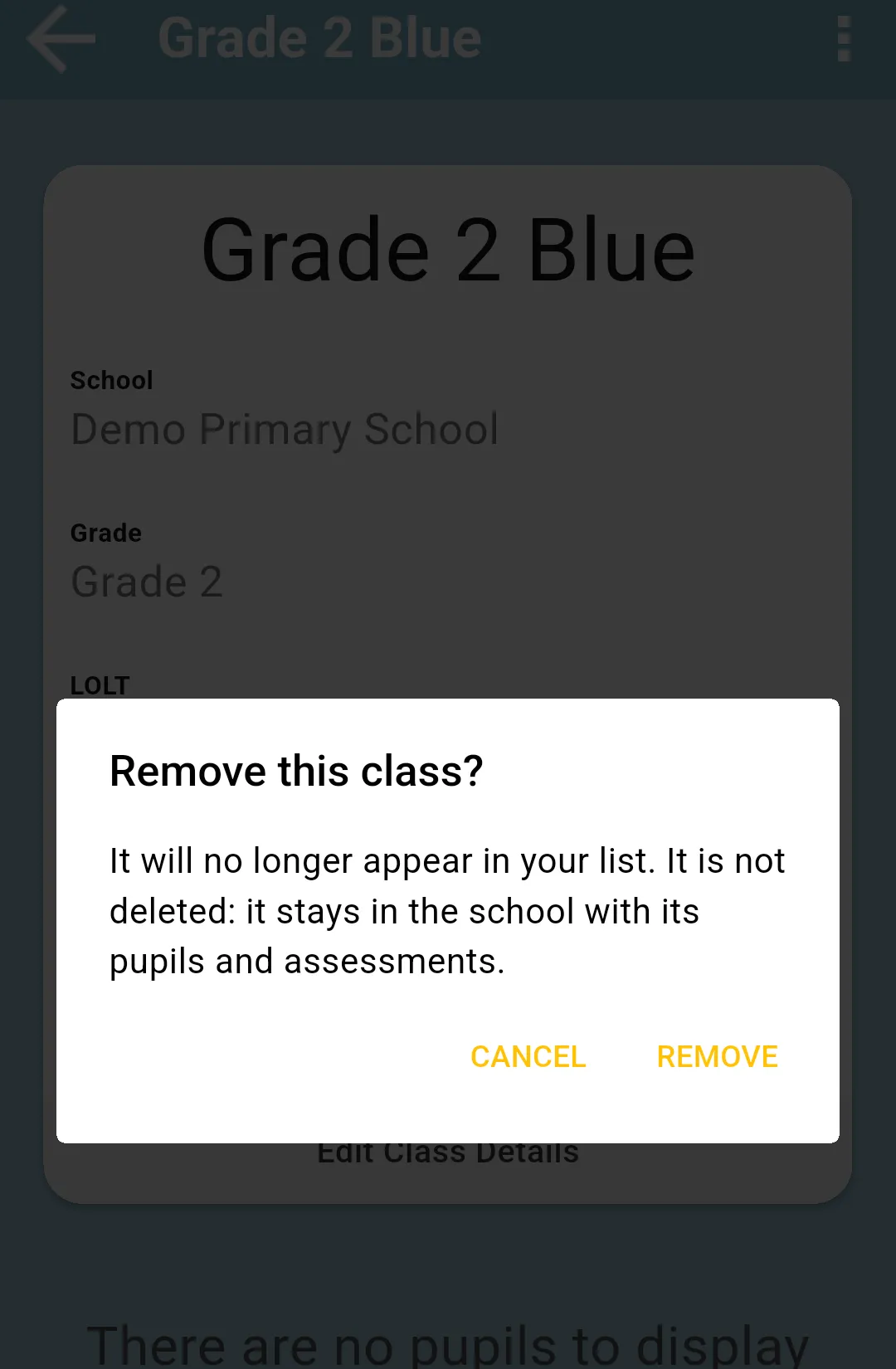 Remove this class? confirmation explaining that the class is not deleted, with Cancel and Remove