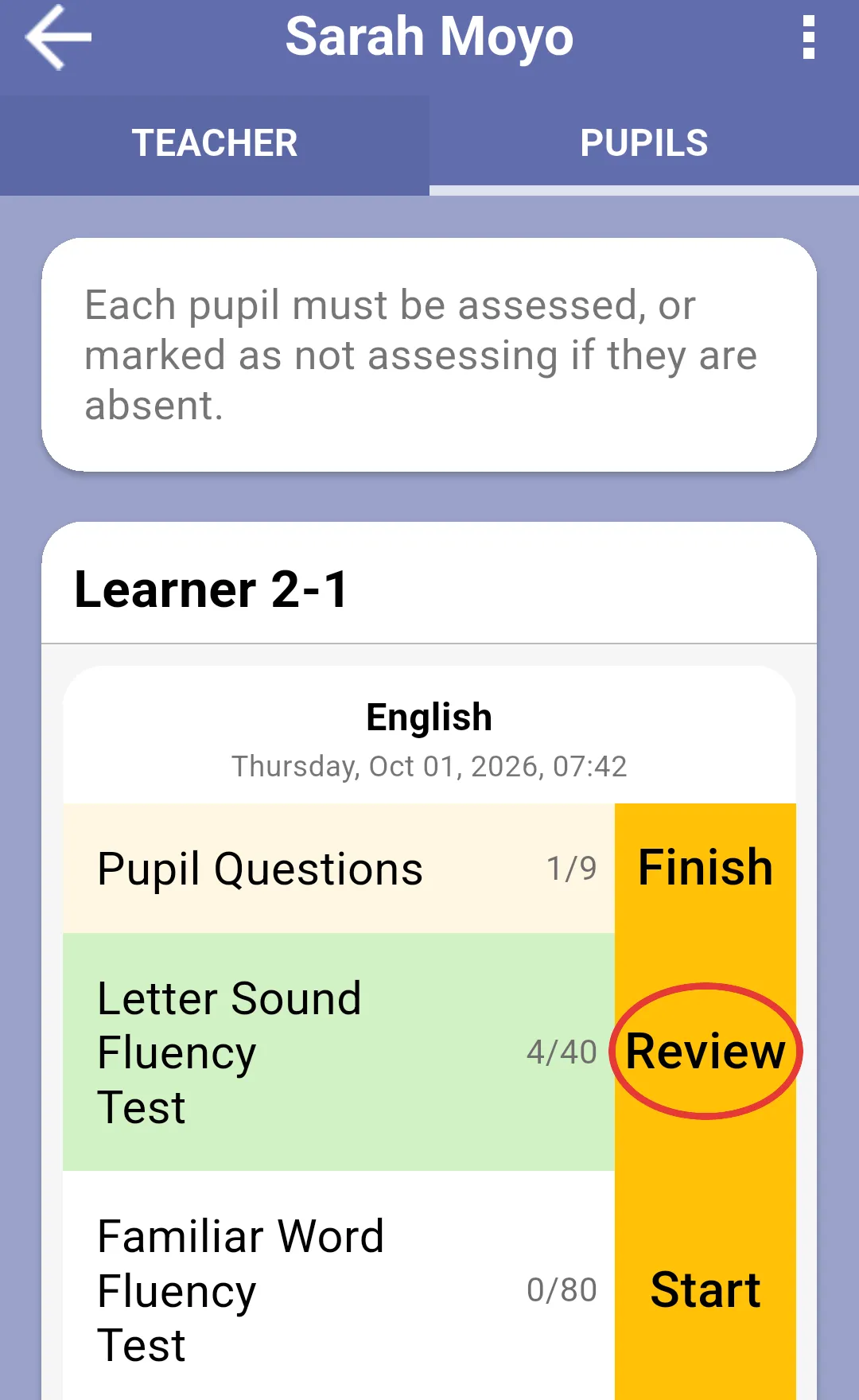Pupils tab of an assessment with the Review button of the Letter Sound Fluency Test highlighted