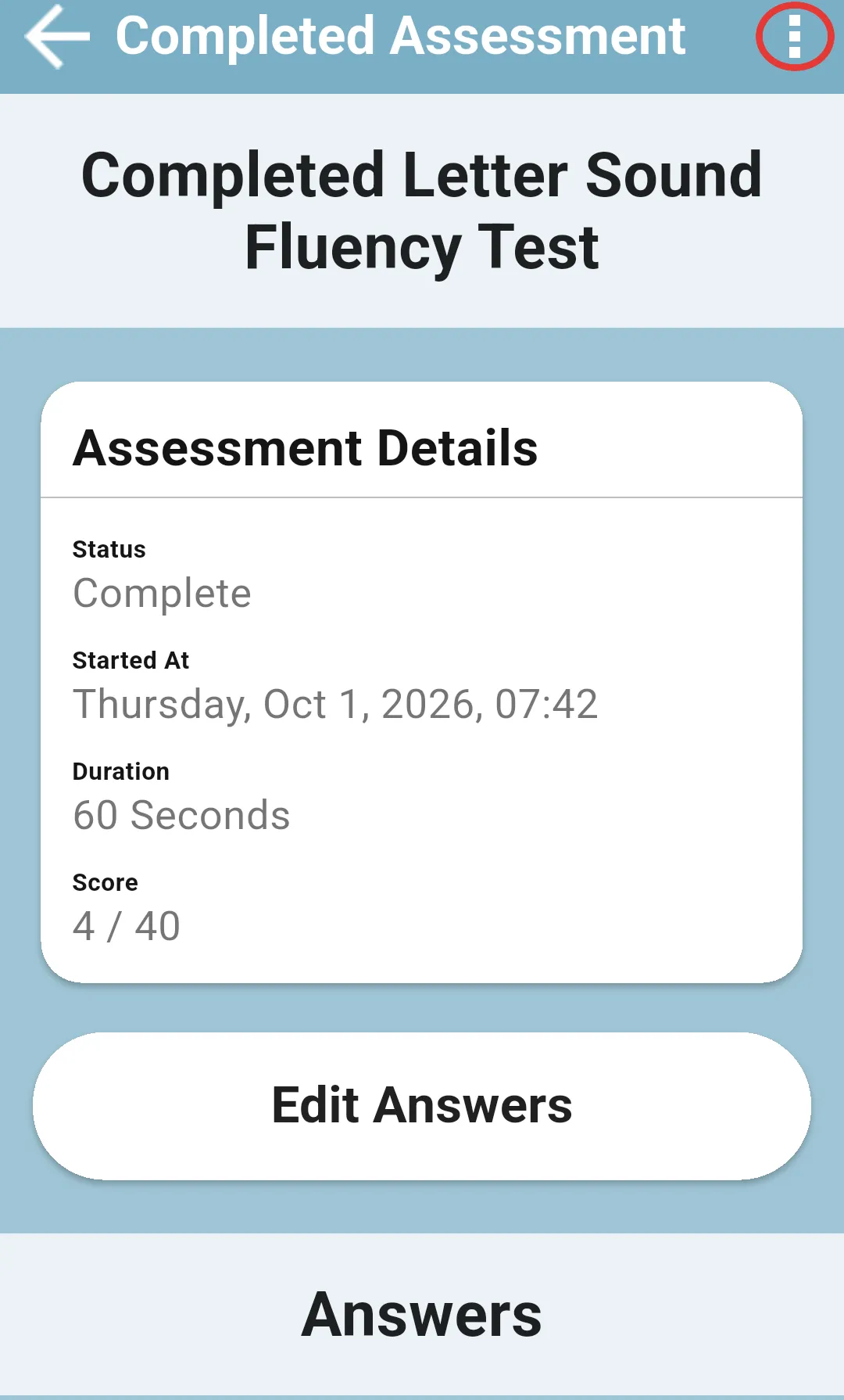 Completed Assessment screen with the three-dot menu in the top bar highlighted