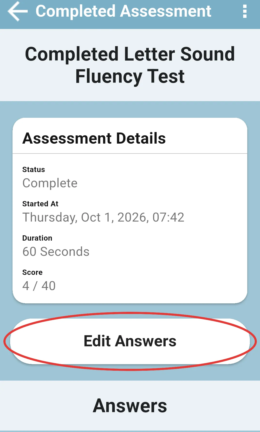 Completed Letter Sound Fluency Test result with the Edit Answers button highlighted under Assessment Details