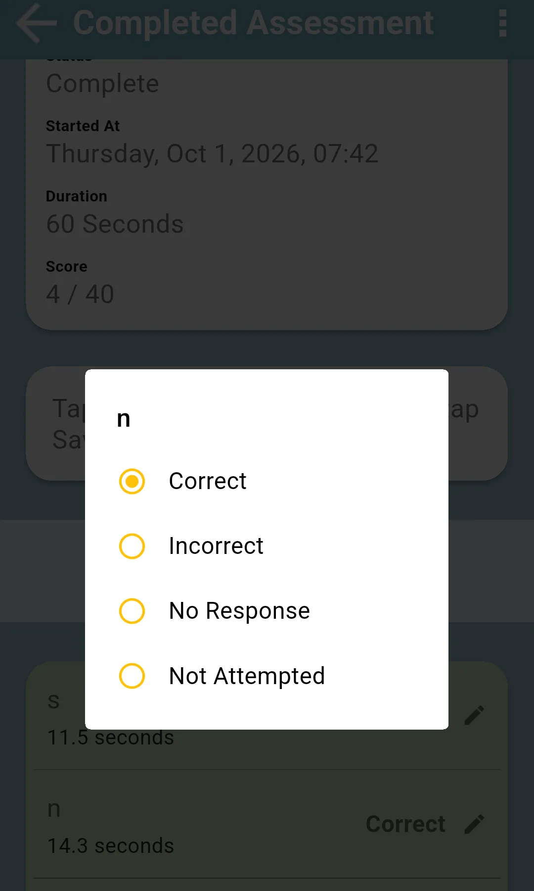 The four choices for the letter n: Correct, Incorrect, No Response and Not Attempted
