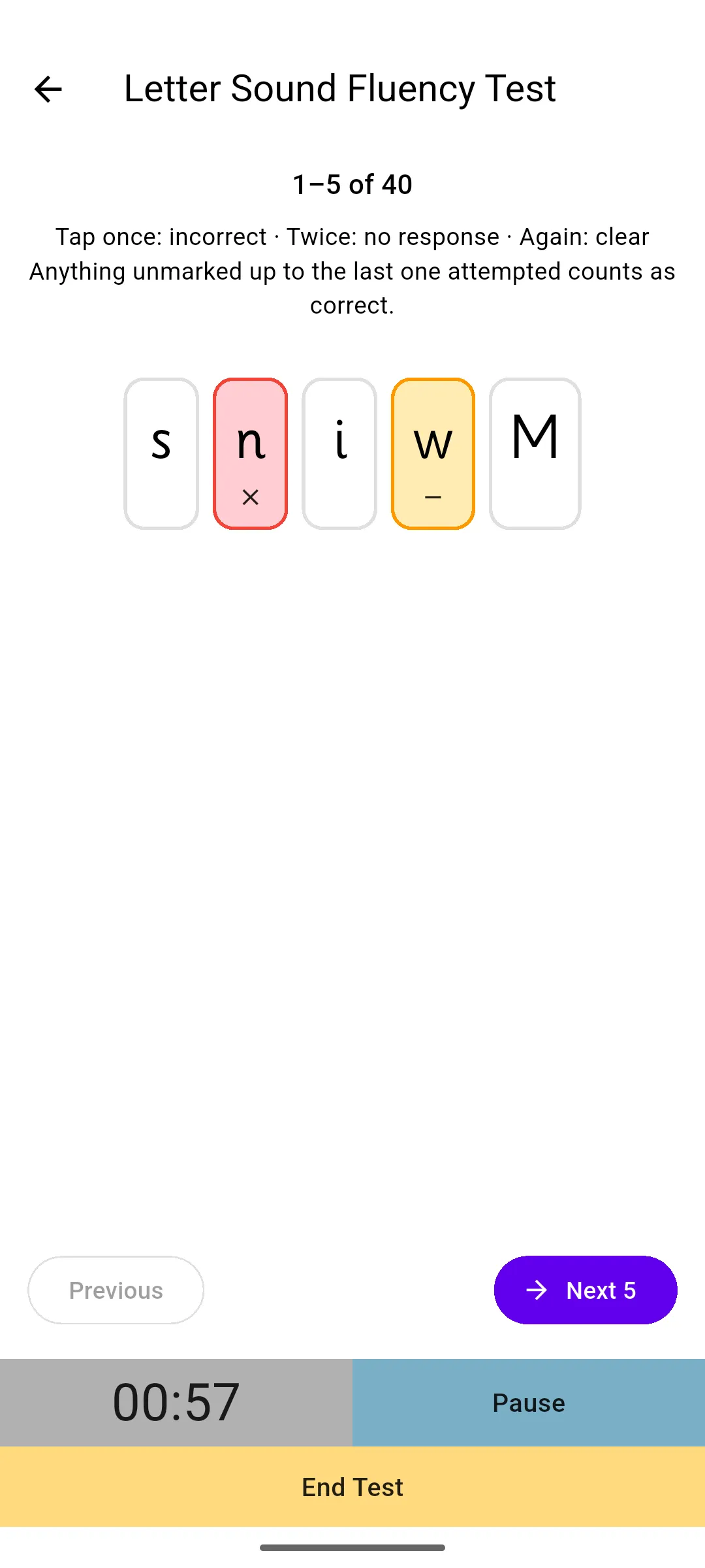 Five at a time screen showing 1–5 of 40, one letter marked incorrect, one marked no response, and Next 5