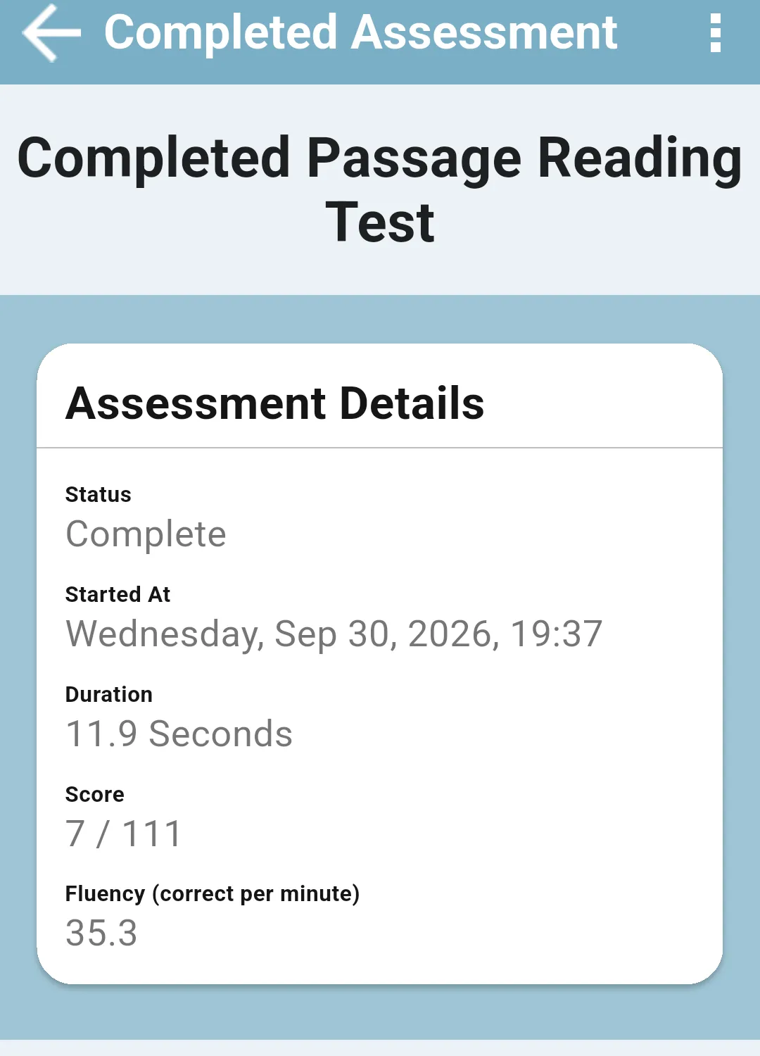 Completed passage result with a duration of 11.9 seconds, a score of 7 / 111 and Fluency (correct per minute) 35.3