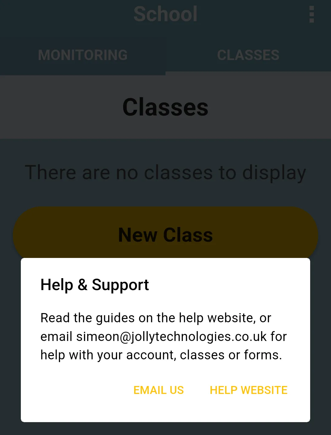 Help & Support message with the support email address and the EMAIL US and HELP WEBSITE buttons