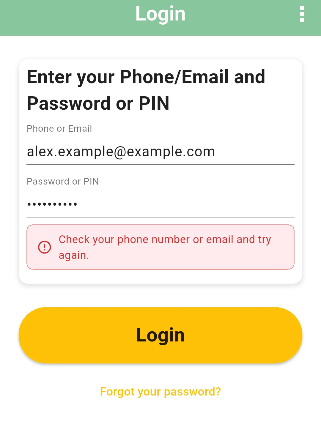 Login screen with the red message Check your phone number or email and try again