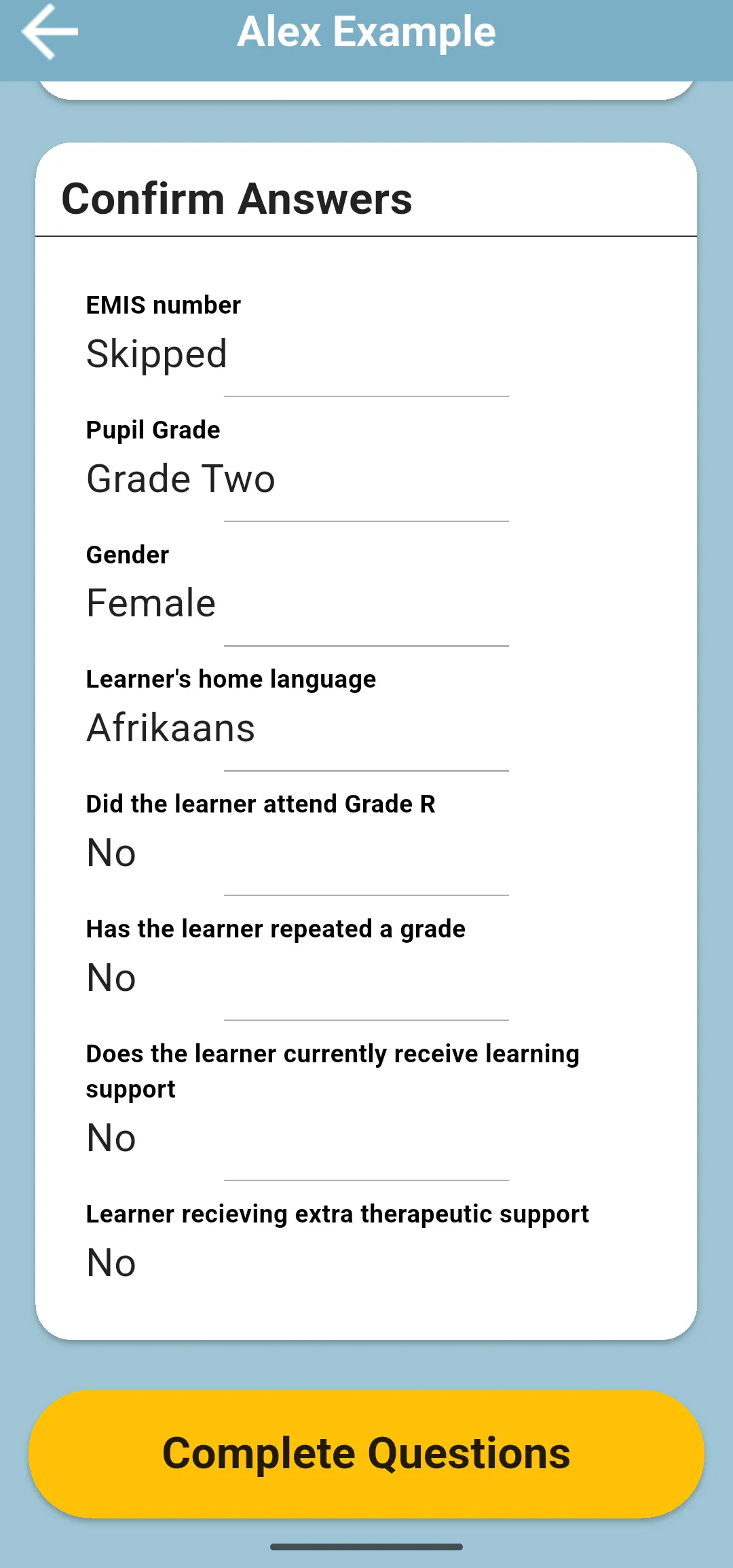 Confirm Answers for a new pupil, listing the answers above the Complete Questions button