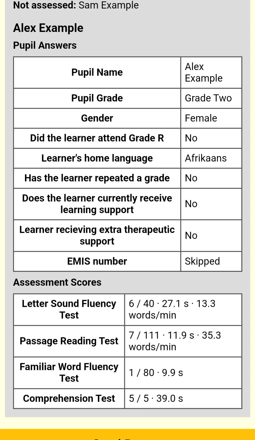 Report Preview showing a pupil marked Not assessed, the Pupil Answers table and the Assessment Scores of an example pupil