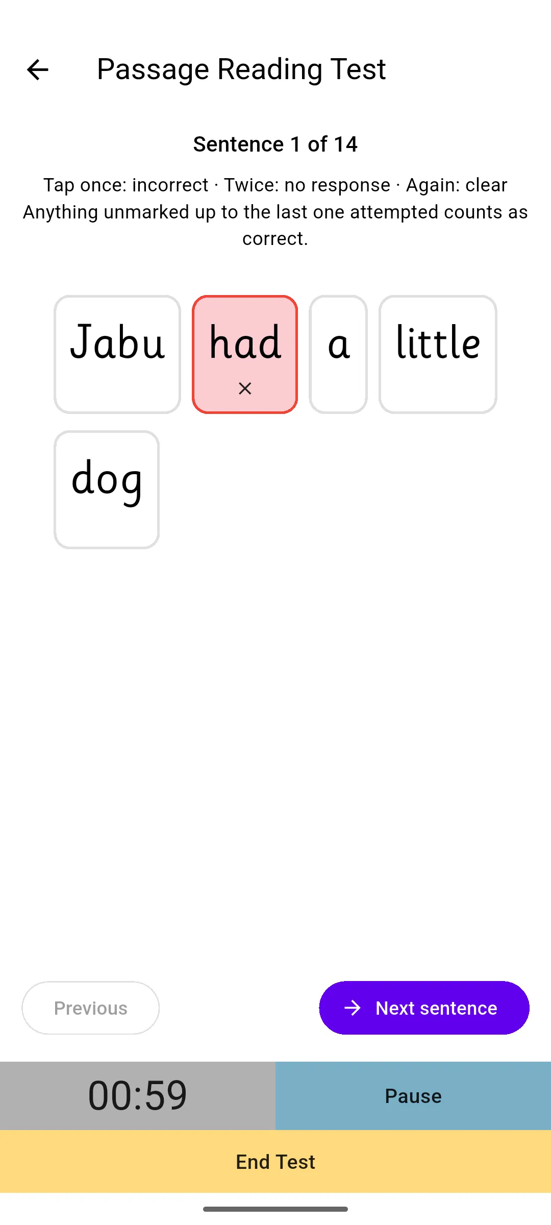 Sentence 1 of 14 with the words of the sentence together, one marked incorrect, and Next sentence