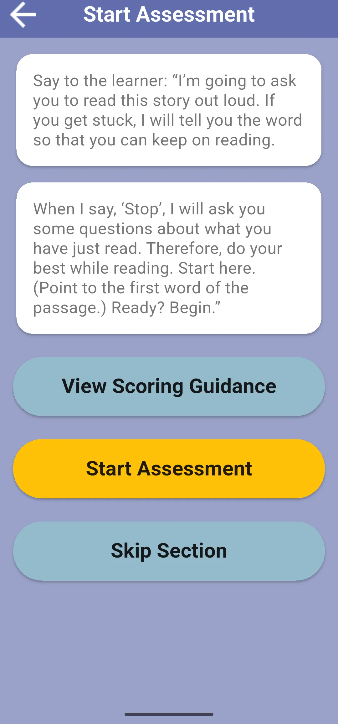 The section instructions with View Scoring Guidance, Start Assessment and Skip Section buttons