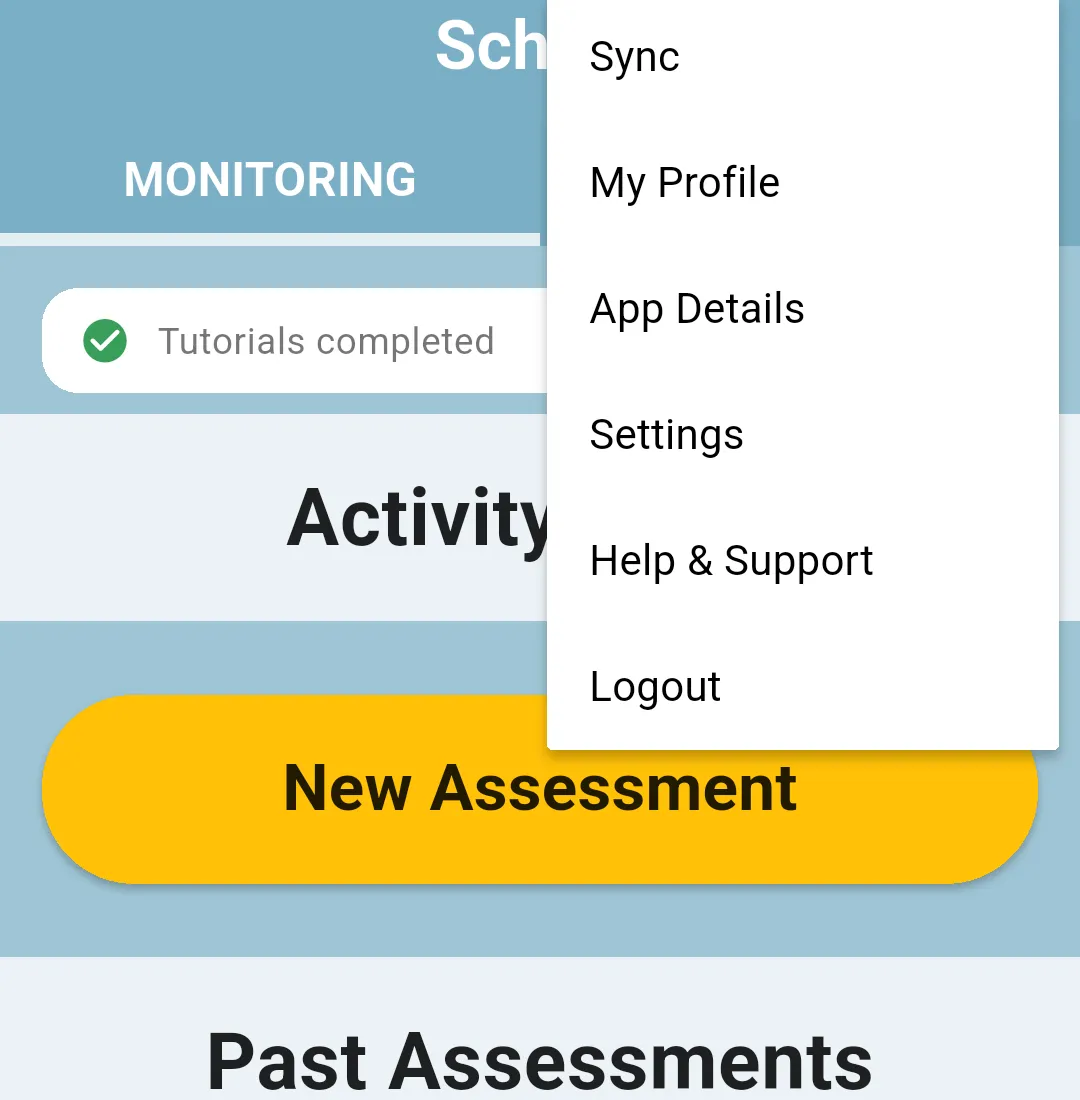 Teacher home menu with Sync, My Profile, App Details, Settings, Help & Support and Logout