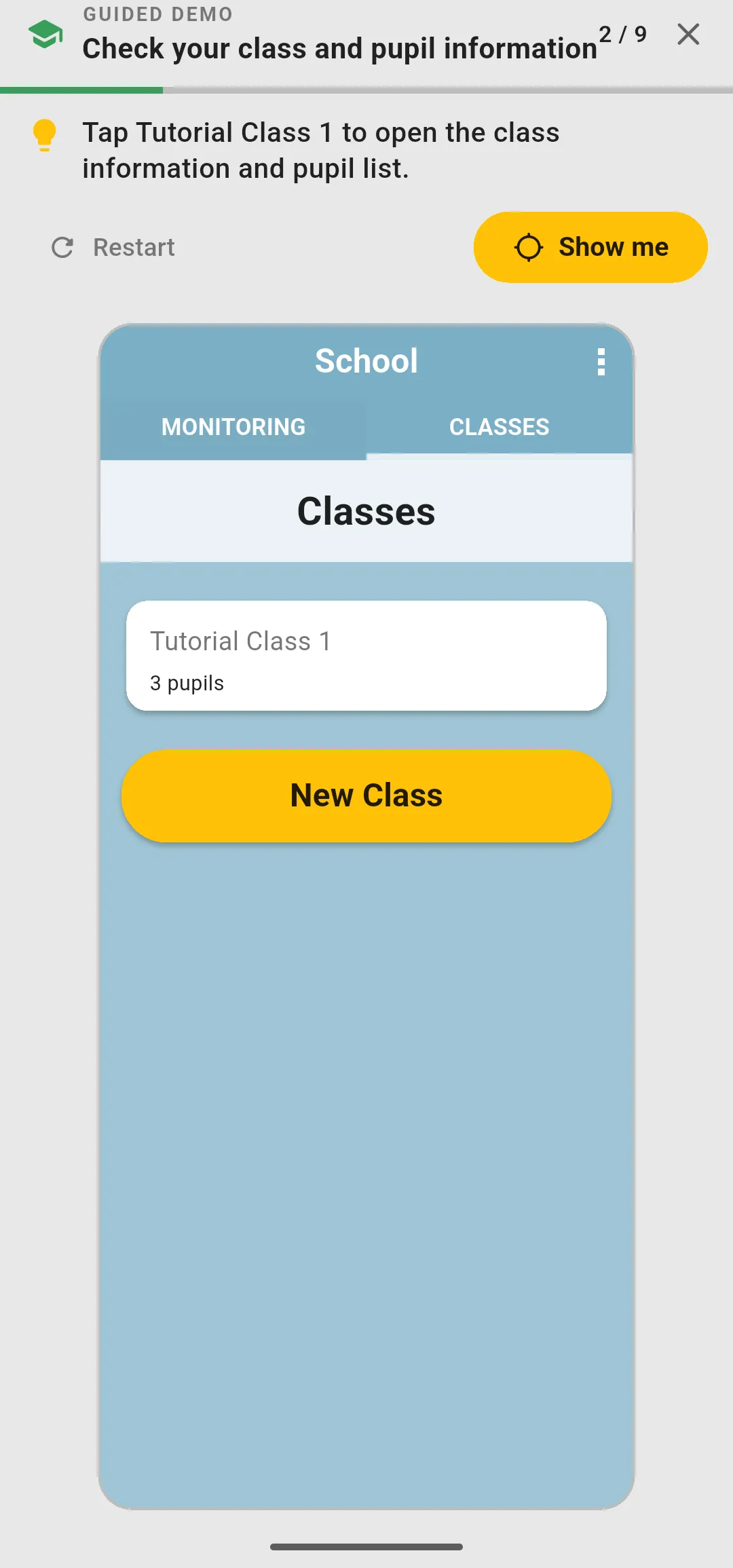 Guided demo band on step 2 of 9 with the instruction, Restart and Show me above the app