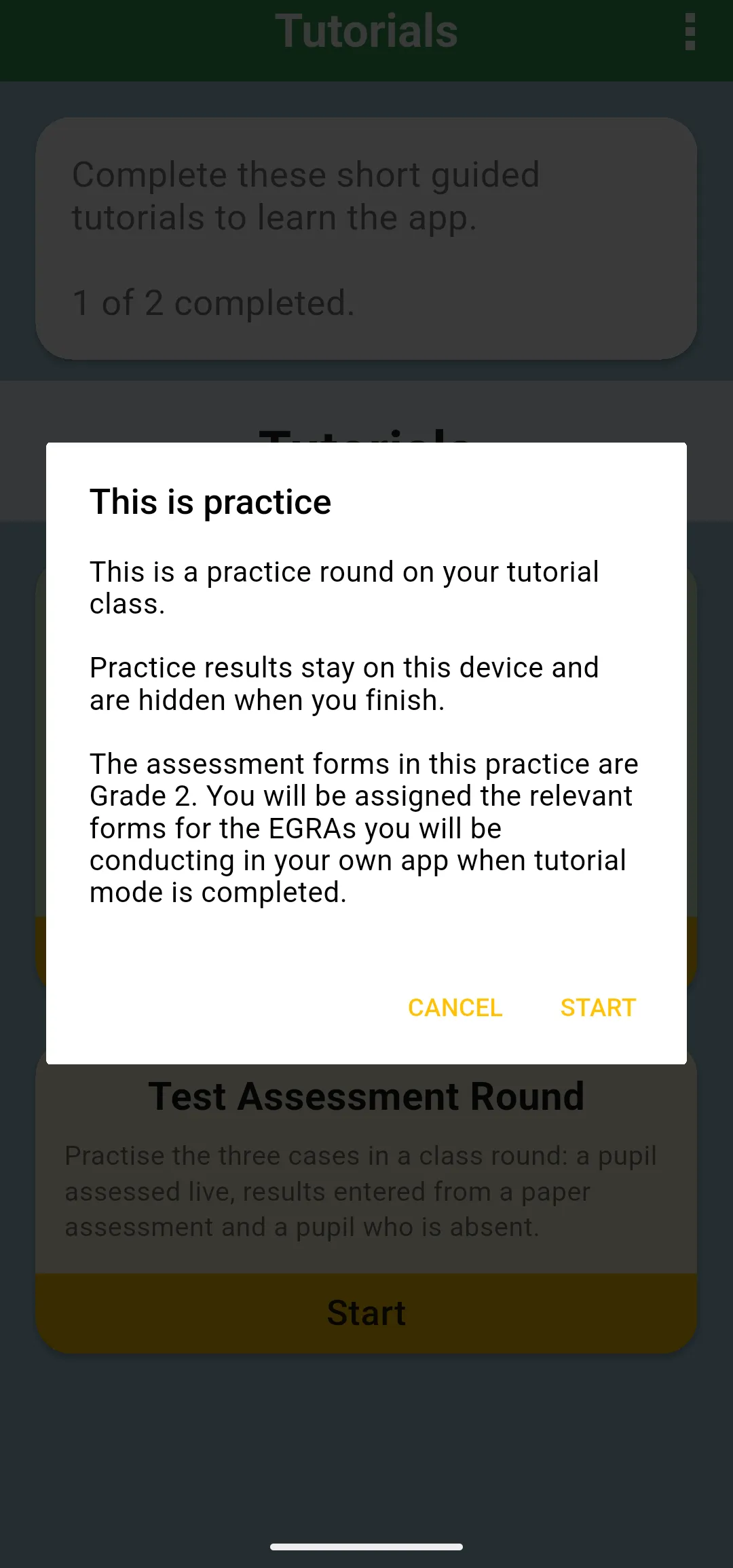 This is practice message for Test Assessment Round, explaining that the practice forms are Grade 2