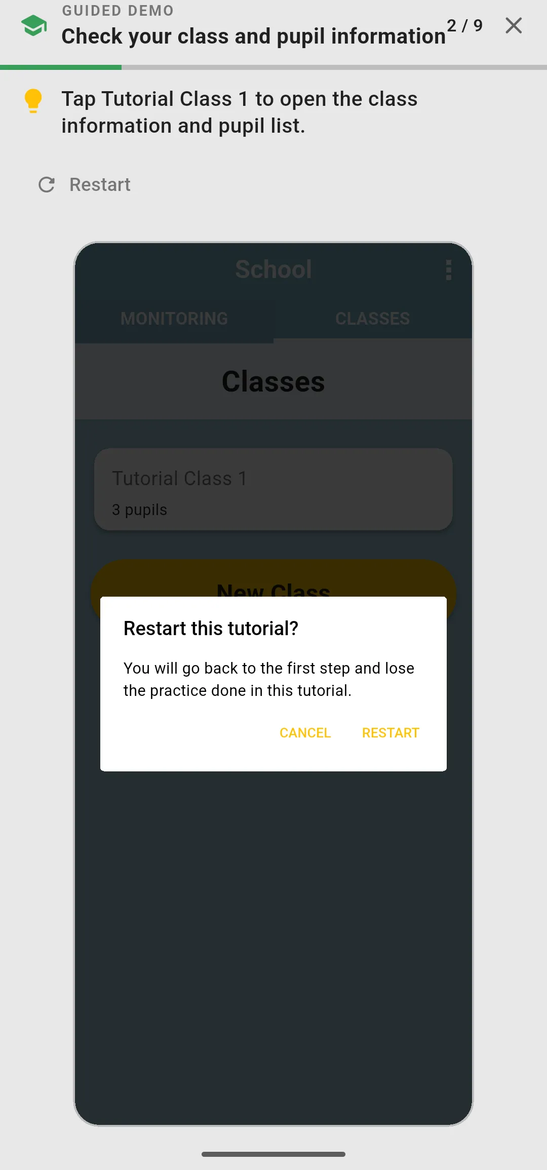 Restart this tutorial? confirmation with Cancel and Restart