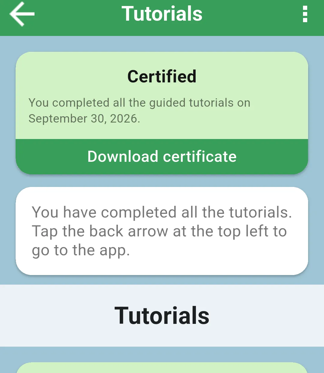 Tutorials screen with the Certified card, Download certificate and the message to tap the back arrow to go to the app