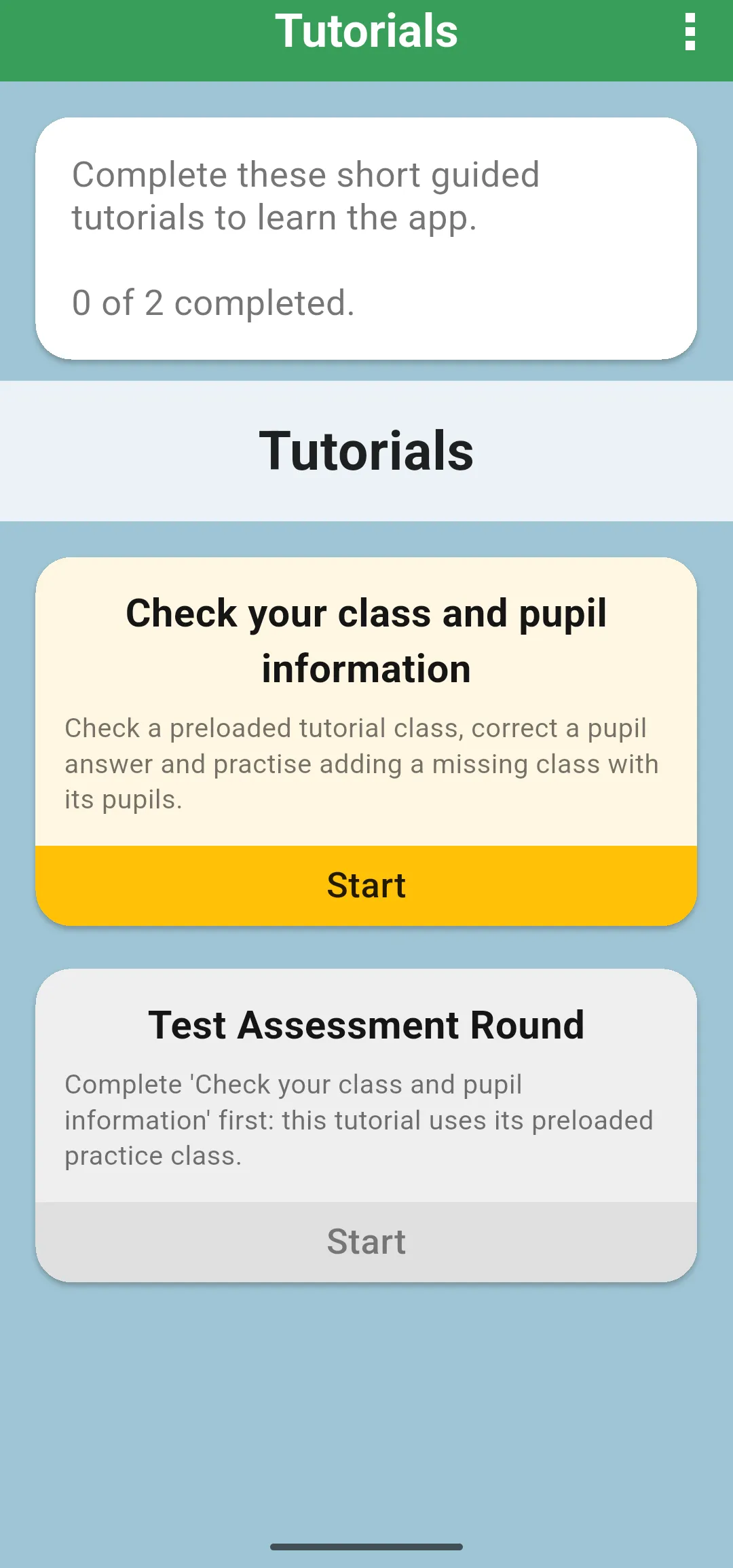 Tutorials screen with 0 of 2 completed: Check your class and pupil information with Start, and Test Assessment Round locked until the first tutorial is complete
